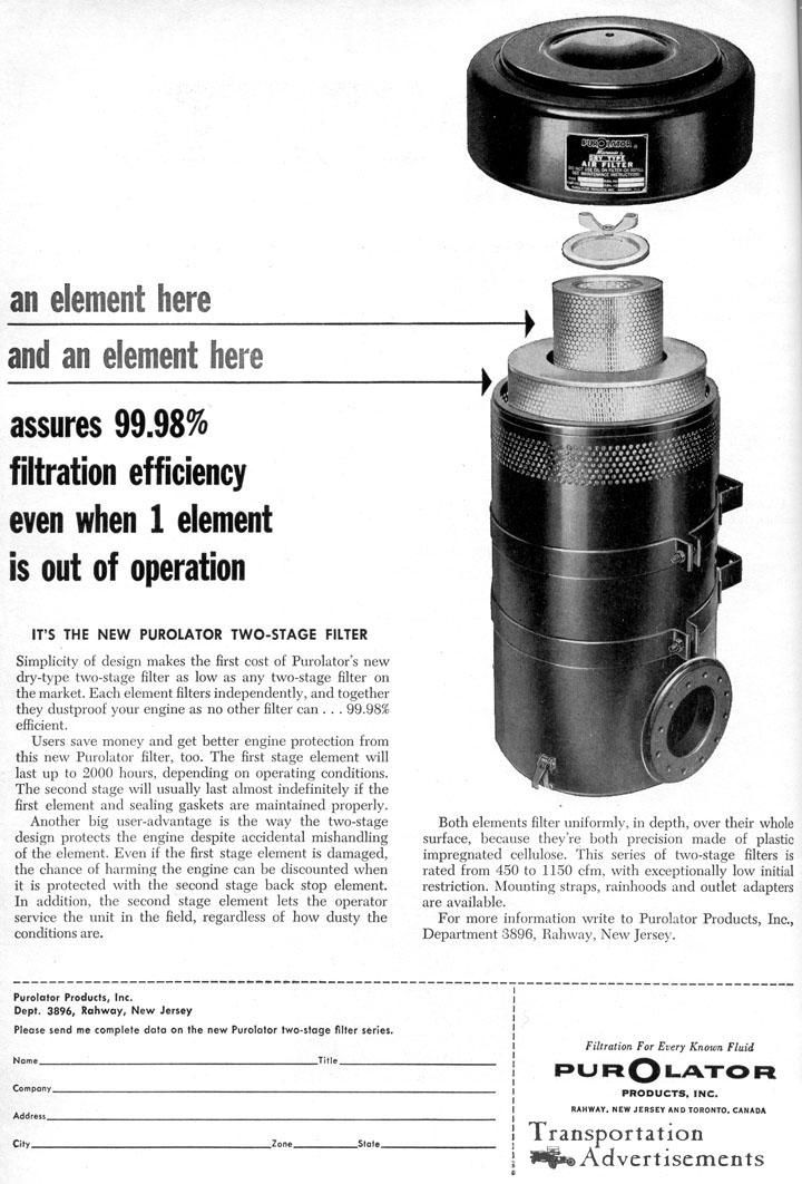 1961 Purolator Oil Filter advertisement. Being more environmentally friendly 